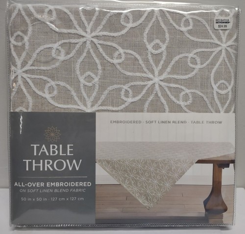 Embroidered Table Throw Beige & White Soft Linen Blend Floral 50"x50" Tablecloth - Picture 2 of 2