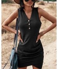 Black Button-Front Ruched Sleeveless Bodycon Dress Size S