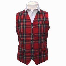 Traditional Red Tartan Check Waistcoat, Tie Pocket Square Set, Scotland, Hi...