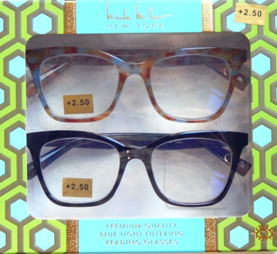 NICOLE MILLER 2-PACK PREMIUM QUALITY BLUE LIGHT READING GLASSES READERS +2.50