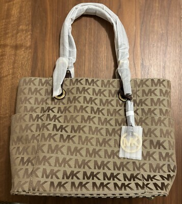 Michael Kors Jet Set Signature Logo Tote Handbag Mocha Tan Brown Leather Handles