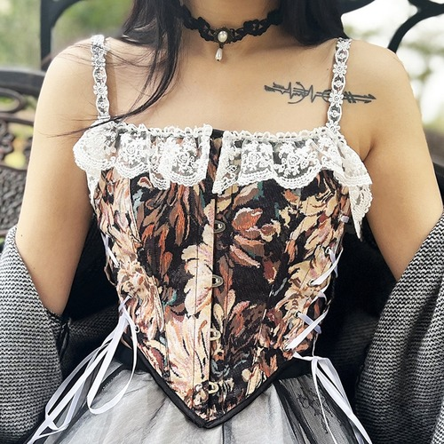 High Quality Women French Vintage Print Halter Bandage Floral Corset Sexy Party - Picture 5 of 14