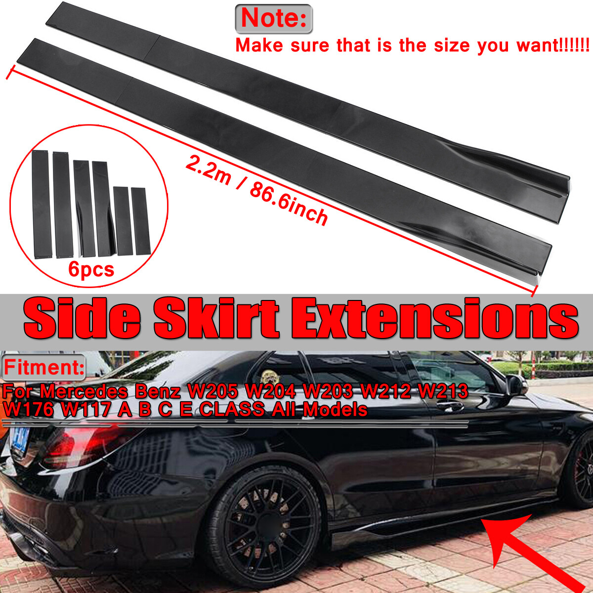Divisores de extensión de faldón lateral negro brillante para Mercedes W211 W212 W213 labio de panel