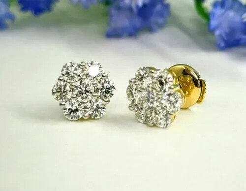 Cluster Stud Earrings 14k Yellow Gold Plated 2Ct Round Cut Lab-Created Diamond - Picture 1 of 5