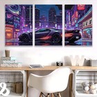 3pcs Bugatti La Voiture Noire City Night Wall Art Canvas Framed 50x70cm