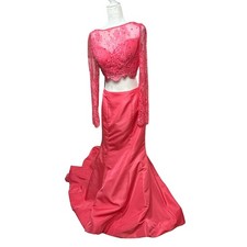 Sherri Hill Long Sleeve Lace Crop Top Full Length Mermaid Train Skirt Pink 10