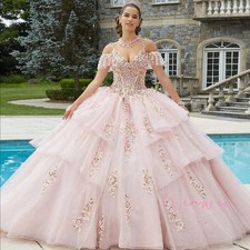 Light Pink Quinceanera Dresses Ball Gown Spaghetti Straps Tulle Appliques Sweet