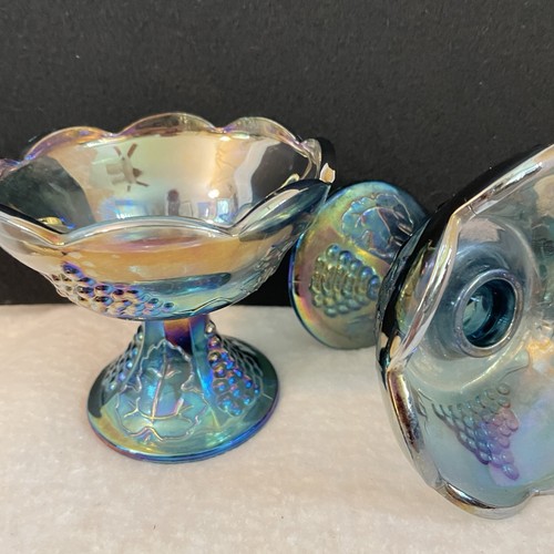 Indiana Glass Iridescent Blue Carnival Glass Pedestal Candlesticks Set of 2 - Picture 6 of 11