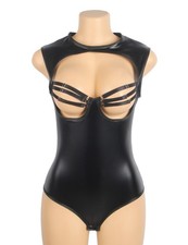 WOW BABE Black Faux Leather Wet Look Cut Out Straps Boobs Bodysuit Size 10