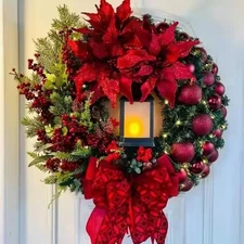 Christmas Wreath with Lamp Bow Ball Big Red Flower Navidad Party Wall Door Windo
