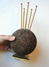 Vintage MCM Atomic Park Sherman Desk Pen Holder Pat Bulletin Cork & Gold Ball