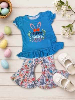 Girls 2T Blue Bunny Floral Easter Pants Set Top & Bell Bottoms Polyester Blend