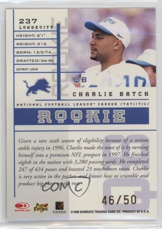 1998 Leaf Rookies & Stars Rookie Longevity /50 Charlie Batch #237 RC - Image 2 of 2