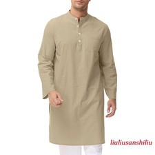 Islamic Clothing Men Solid Long Sleeve Loose Male Muslim Dres Thobe Cottonfabric