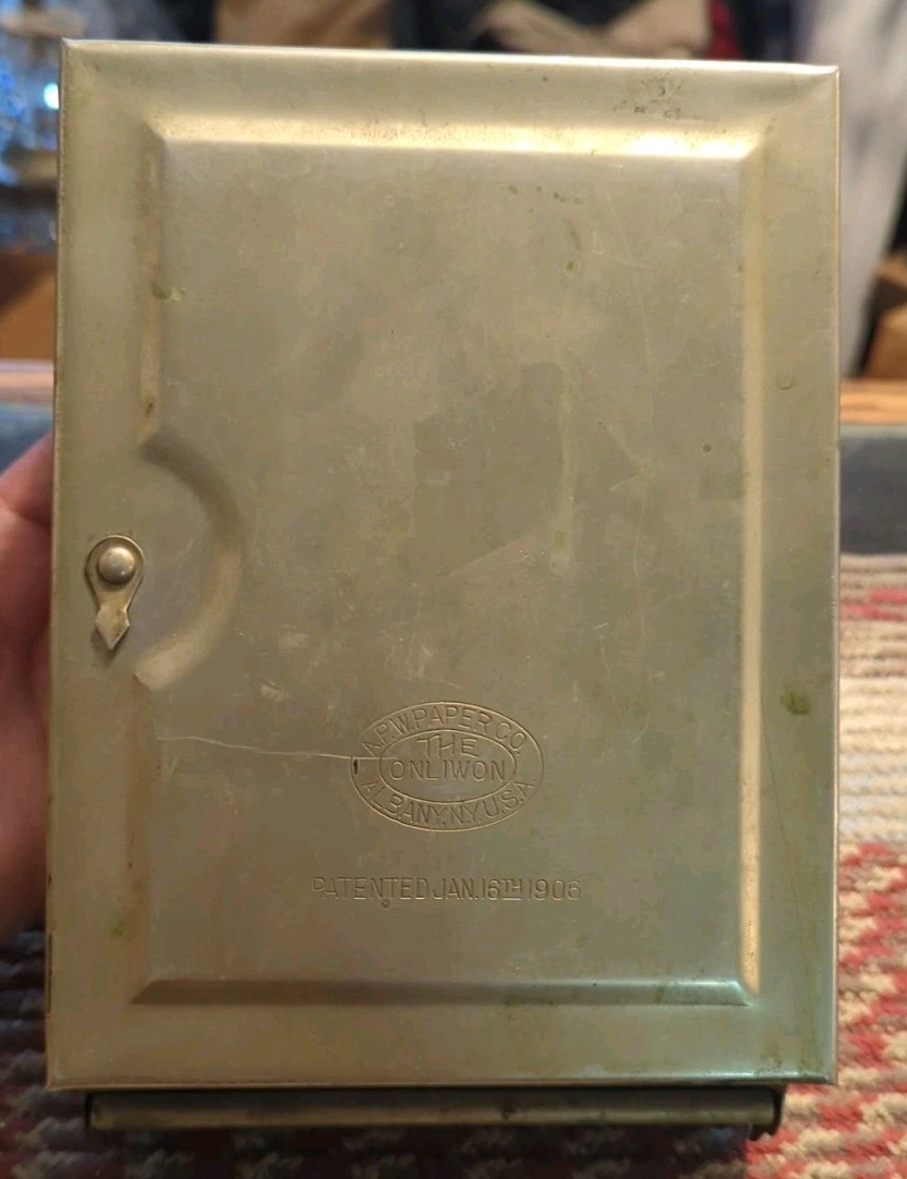 Antique 1906 APW Paper Co. Albany NY Metal Toilet Paper Towel Wall Holder