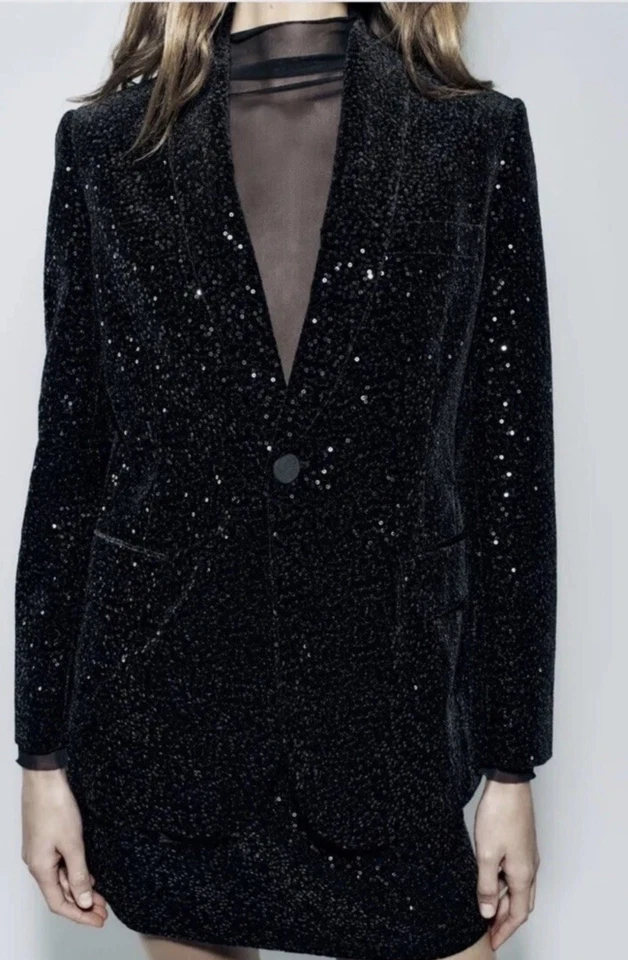 NEW ZARA AW23 ZW COLLECTION SEQUINNED VELVET BLAZER REF 9433/976 SIZE S - Image 4 of 4
