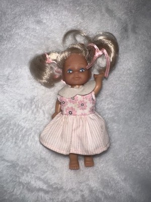 Vintage ''Evi'' Doll Simba Toy Co. Blonde Hair Blue Eyes Pink Floral Dress Pigtail
