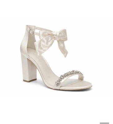 Oleg Cassini Melania Ivory Satin Bow Block Heel Sandals Size 8.5M