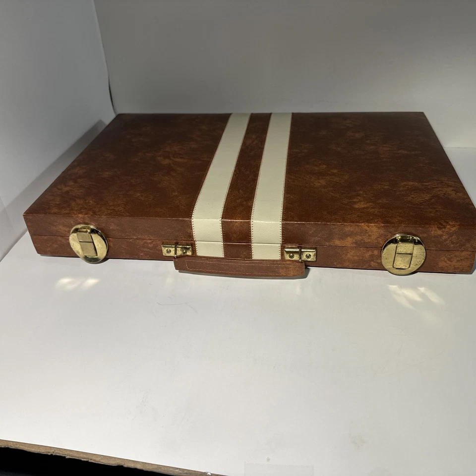 Backgammon Set 1970s Interpur 18 Inch Vintage Brown Cream Case Tournament - Image 3 of 4