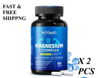 2 BOTTLES---7-in-1 Magnesium Complex 1000mg.Enhanced with Zinc, Non-GMO, 60 Caps