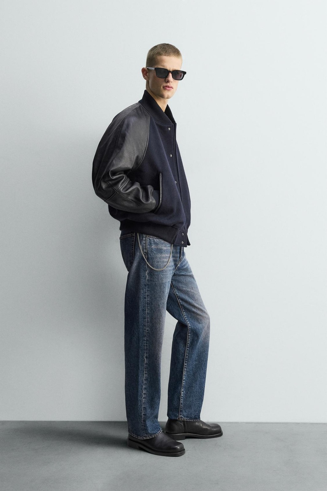 Zara Men's Leather & Wool Blend Bomber Jacket - Dark Navy M image 5