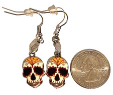 Sugar Skull Dangle Earrings, Yellow Web Design, Day of the Dead, Jewelry