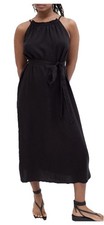 Gap Size L Relaxed Linen Blend Halter Midi Dress Black  Flattering Cut Belted