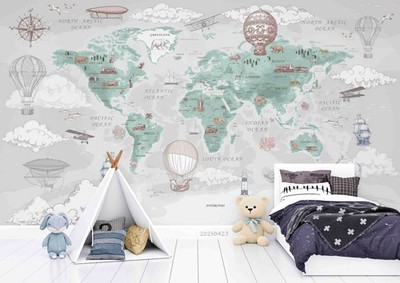 3D Hot Air Balloon Animals World Map Wall Murals Wallpaper Murals Wall Sticker 2