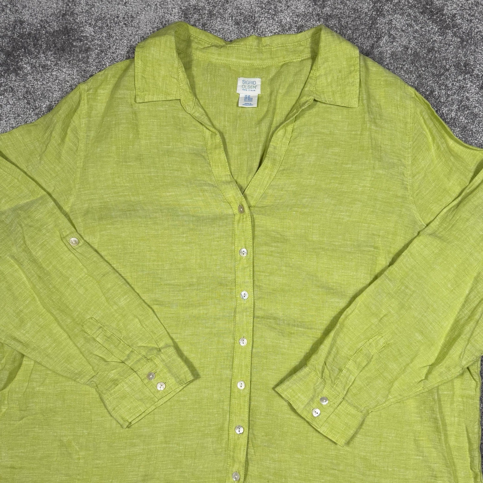 Sigrid Olsen Women Light Green 100% Linen Button Down Shirt Roll Sleeve Plus 2XL