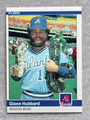 #ad 1984 Fleer Glenn Hubbard quot;Boa Snake Around Neckquot; Funny Oddball Baseball Card 182 $14.99