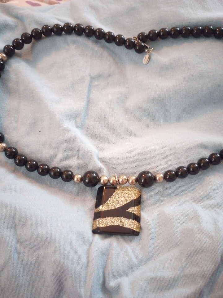 Black Silver Beaded Necklace with Asymmetrical Pendant Fashion Costume Jewelry