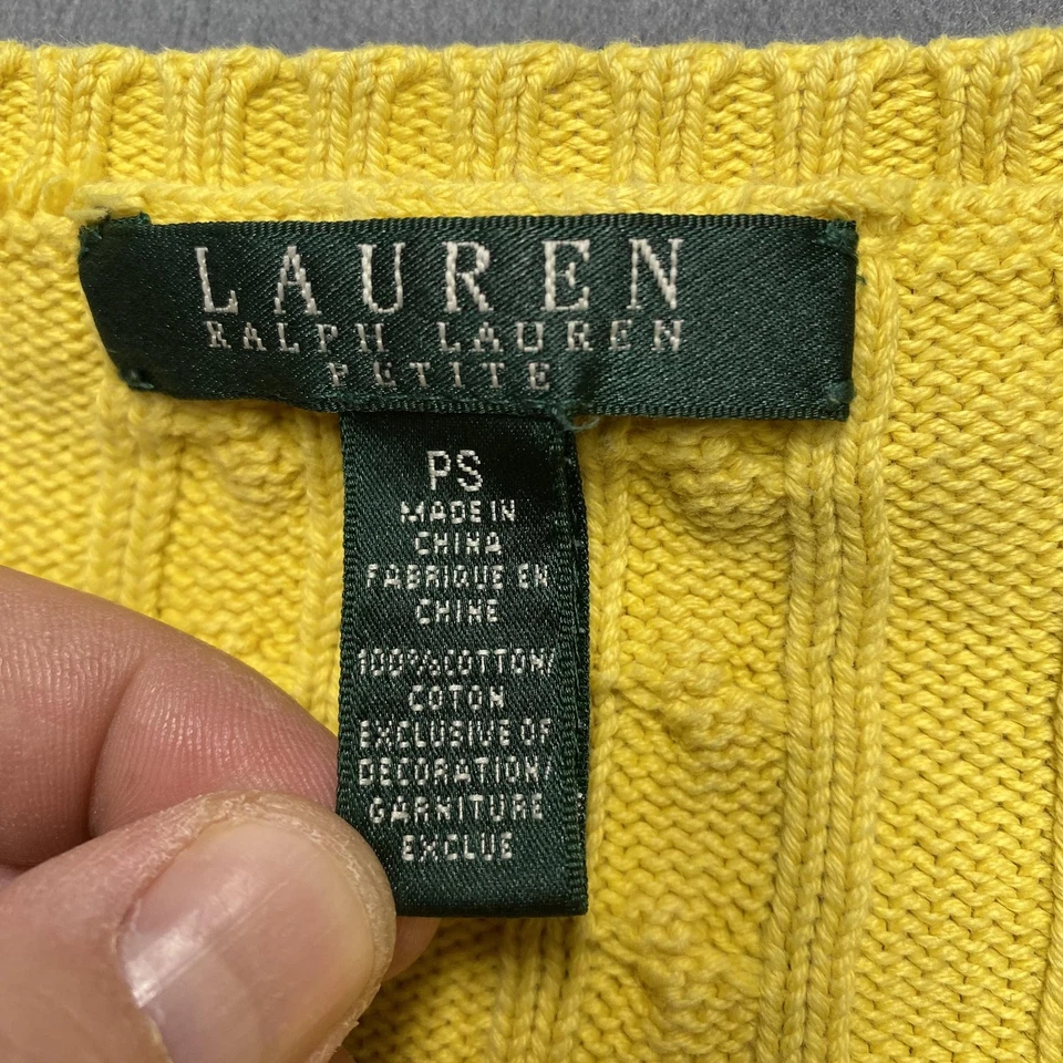 Suéter Lauren Ralph Lauren Mujer Pequeño Amarillo Tejido con Cable Cuello en V Algodón Foto 3 de 4