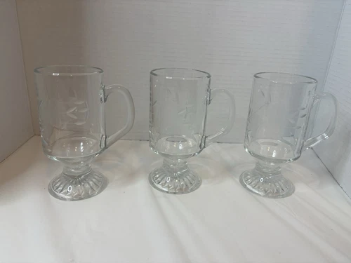 Set of 3 Vintage Princess House Irish Coffee Mugs / Footed Etched Glass/ France