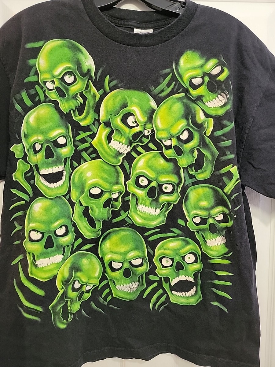 Vintage Liquid Blue Skull Pile T shirt Green Skulls 2001 Size L | eBay