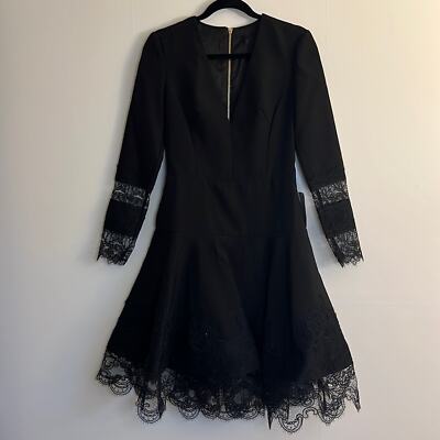 Bronx and Banco Antonia Fit and Flare Dress Size 6 Black Lace Trim Long Sleeves