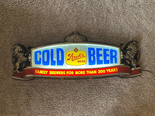 Vintage Stroh's Cold Beer Lighted Man Cave Advertising Sign 38" x 14" x 3" Works