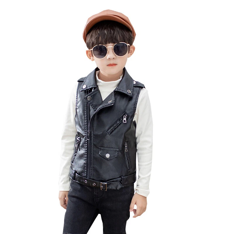 Boy Kids Girls PU Leather Lapel Punk Short Vest Jacket Coat