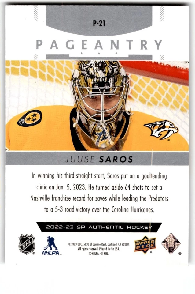 2022-23 SP Authentic Pageantry Juuse Saros #P-21 Nashville Predators - Image 2 of 2