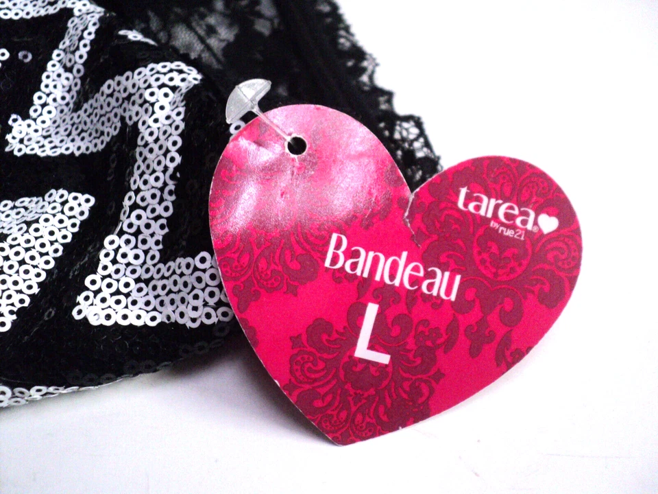 Sujetador Bandeau Tarea by Rue 21 Talla L Lentejuelas Blanco y Negro Chevron Encaje Espalda NUEVO Foto 4 de 4