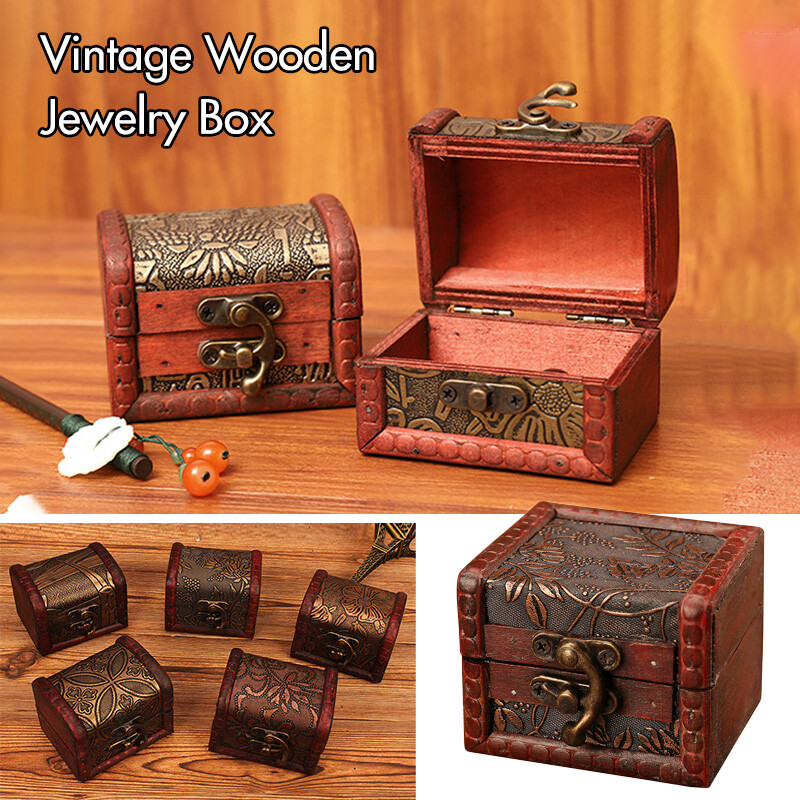 Vintage Small Wooden Storage Case Lock Jewelry Necklace Bracelet