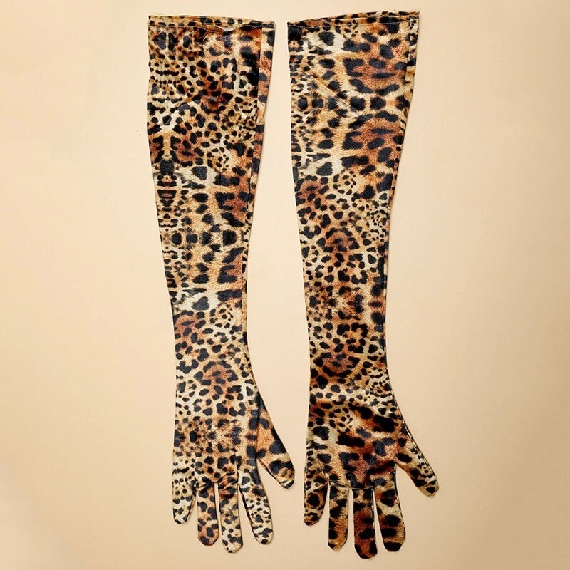 Leopard Print Velvet Dinner Dress Gloves Opera Stage Full Finger Long Gloves - Image 2 of 4
