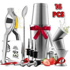 16-Piece Cocktail Shaker Set Stainless Steel Bar Kit with Book and Tools