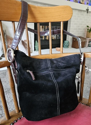 TIGNANELLO Black Suede Leather Bucket Slouch Handbag Purse