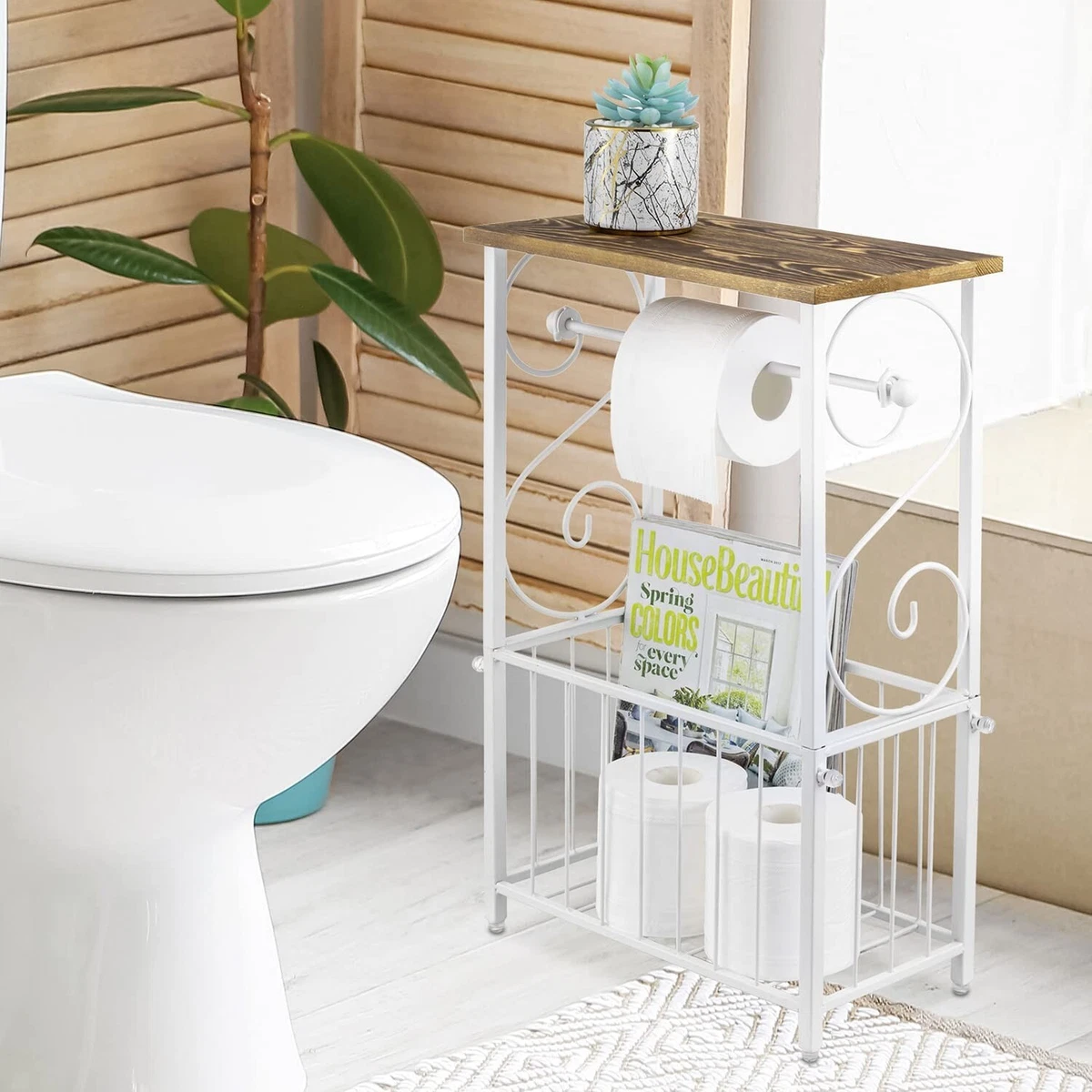 White Metal Bathroom Table Stand Storage Shelf with Dual Toilet Paper Holder