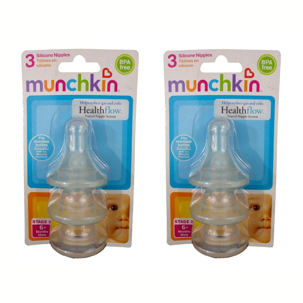 6 Munchkin Stage 2 Standard Silicone Nipples 6+mo BPA free 2x (3
