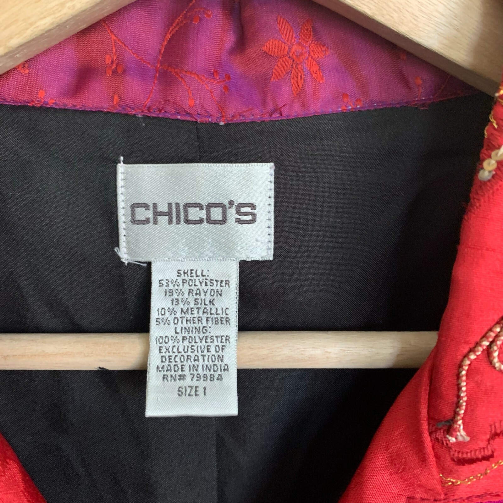 Chico's Jacket Fuchsia Red Multi Patch Embroidere… - image 12