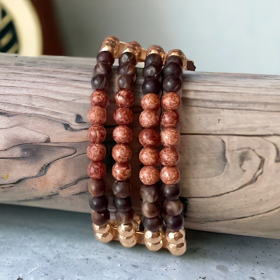 Pulsera de cuentas de madera tono dorado boho elástica J.Jill en capas nueva vintage Foto 2 de 4