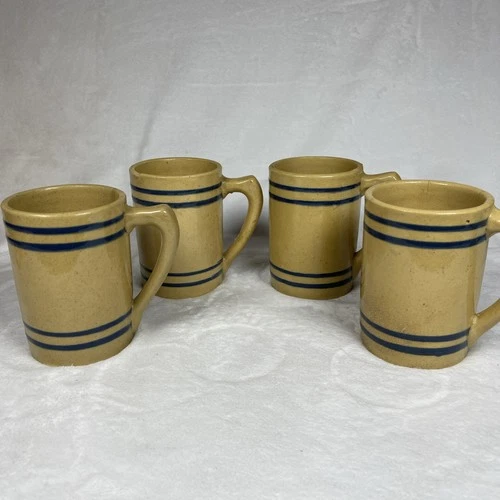 Set 4 Antique Buckeye Pure Root Beer Mugs Blue Band Yellow Ware Pottery Steins 4