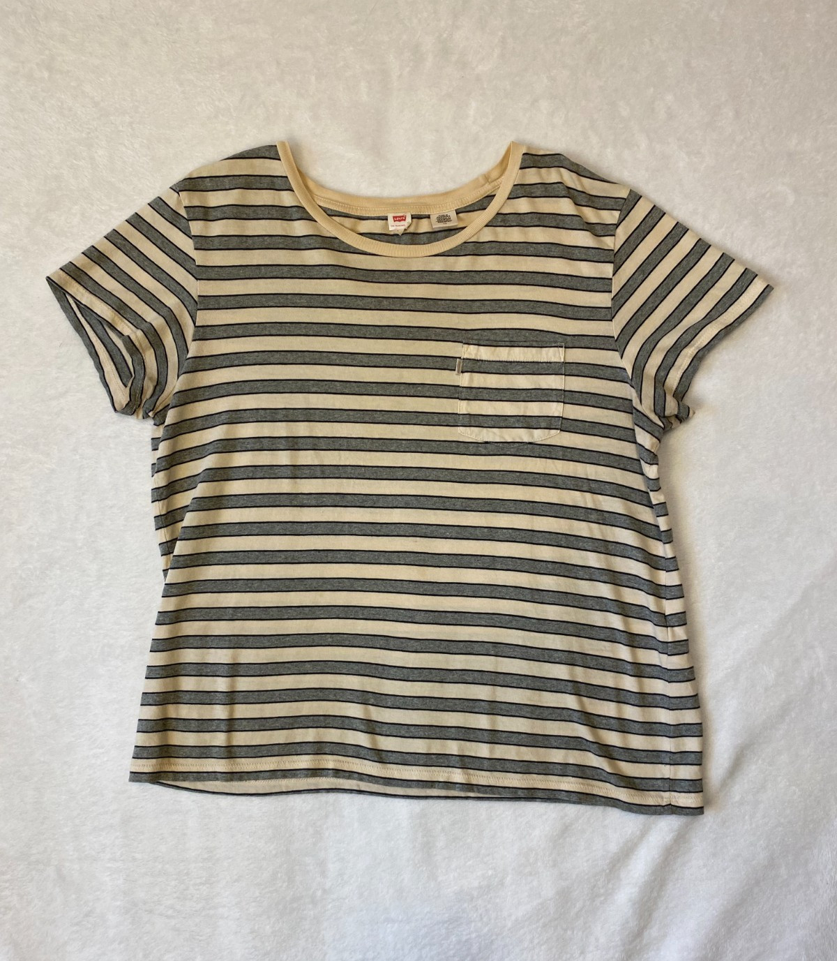 Levi's Striped Tee Shirt Women's Size Large Gray Cream Classic Retro 80s