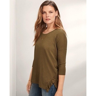 Garnet Hill Boxy Ruffle Blouse Oversized Olive Green Lagenlook Earthy Size S